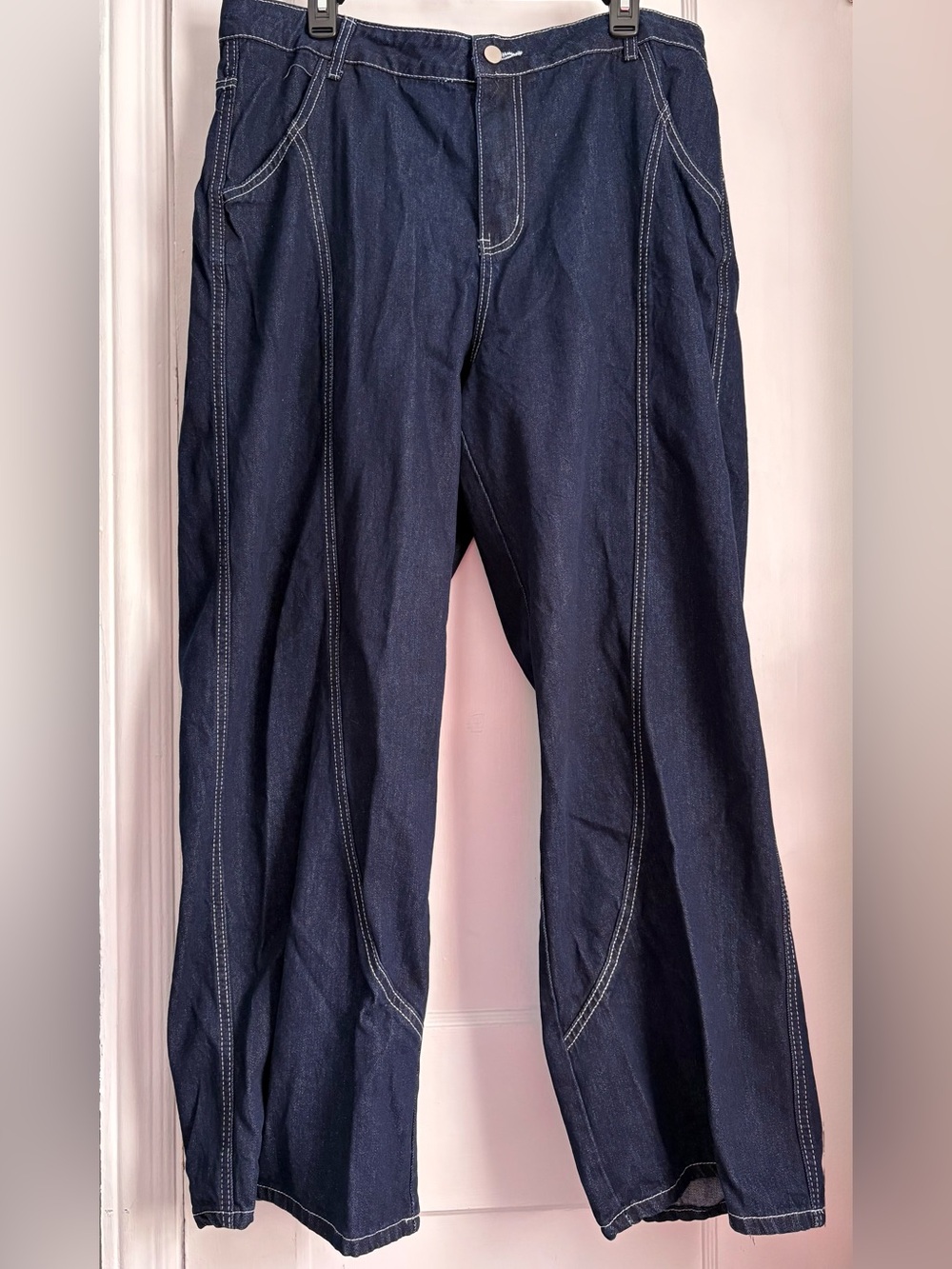 Women’s Dark Wash Denim Utility Pants Contrast Stitch Wide Leg Y2K, Sz: XXL